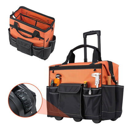 Rolling Tool Bag With Wheels, 27 Pockets, 110 Lb Capacity