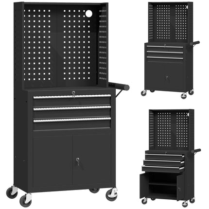 Rolling Tool Cabinet With Pegboard, 3 Drawers, Black