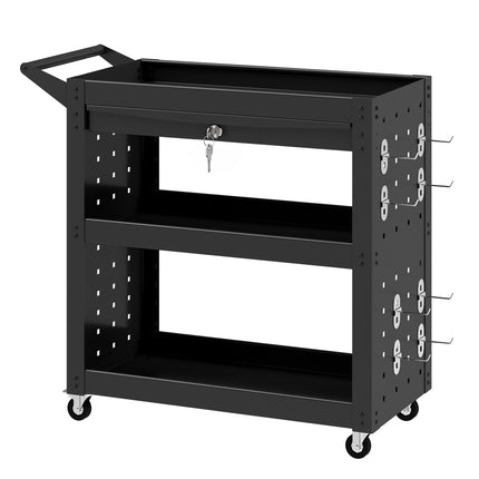 Rolling Tool Cart, 3-Tier, Locking Drawer, Pegboards