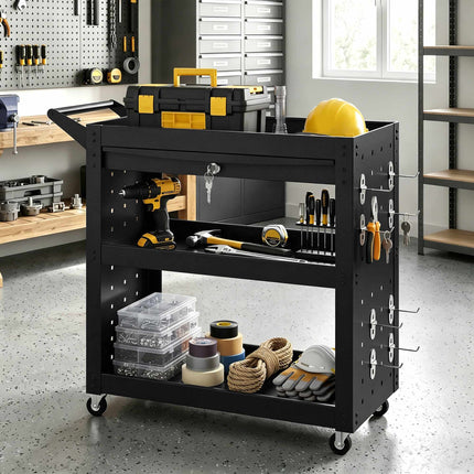 Rolling Tool Cart, 3-Tier, Locking Drawer, Pegboards