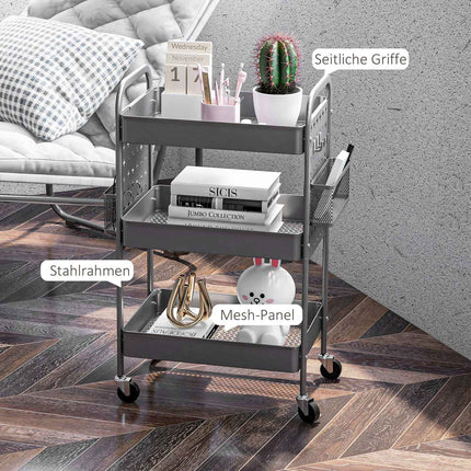 3-story kitchen trolley in dark gray steel with baskets