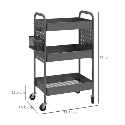 3-story kitchen trolley in dark gray steel with baskets