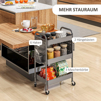 3-story kitchen trolley in dark gray steel with baskets