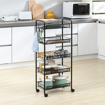 Kitchen cart, 4-story rolling cart with 5 baskets, black steel