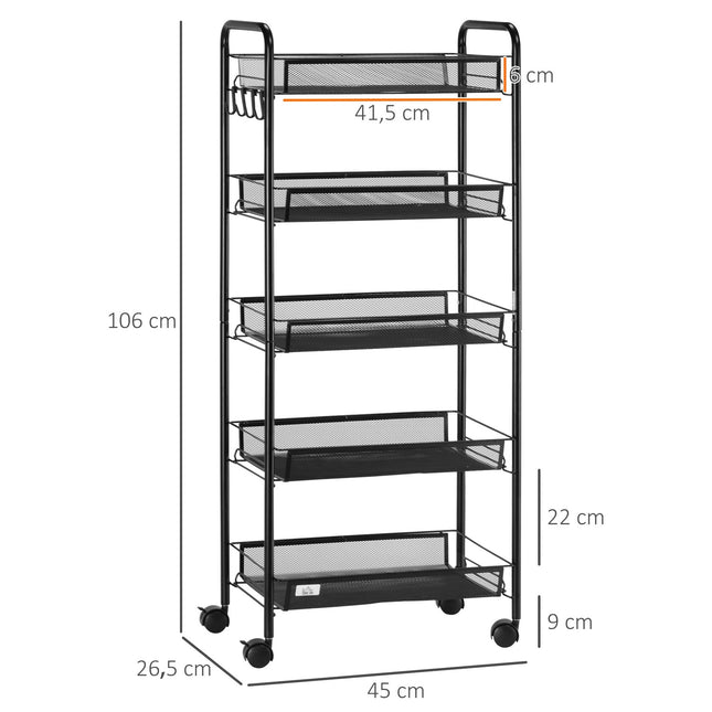 Kitchen cart, 4-story rolling cart with 5 baskets, black steel