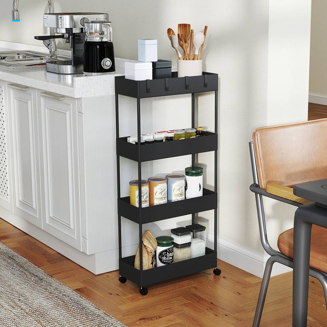 4-story rolling kitchen cart with wheels, black plastic