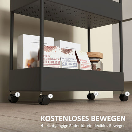 4-story rolling kitchen cart with wheels, black plastic