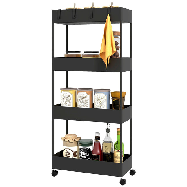 4-story rolling kitchen cart with wheels, black plastic