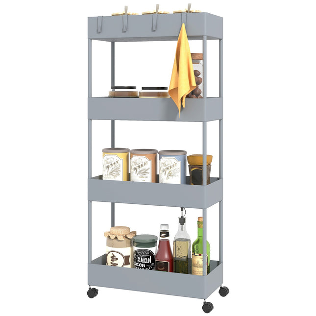 4-tier kitchen storage trolley with wheels, plastic, grey