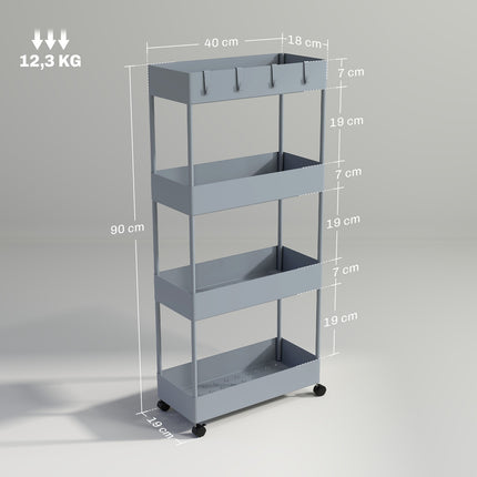 4-tier kitchen storage trolley with wheels, plastic, grey