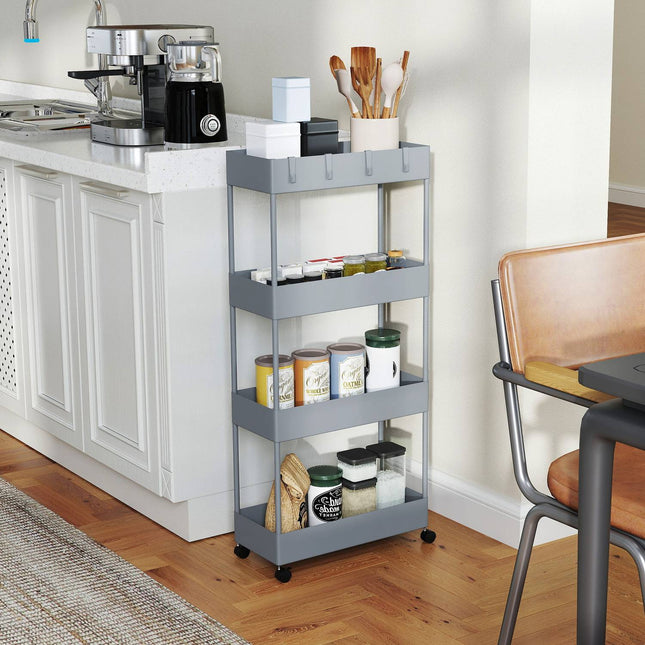 4-tier kitchen storage trolley with wheels, plastic, grey