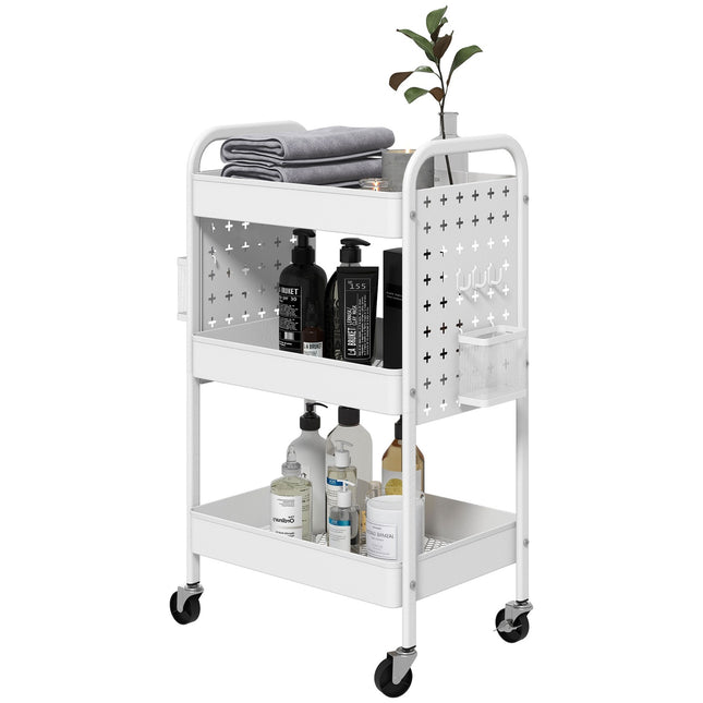 Rolling kitchen trolley - 3 tiers & 2 baskets, white steel
