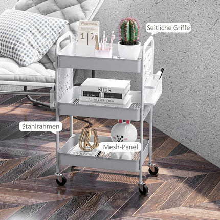 Rolling kitchen trolley - 3 tiers & 2 baskets, white steel