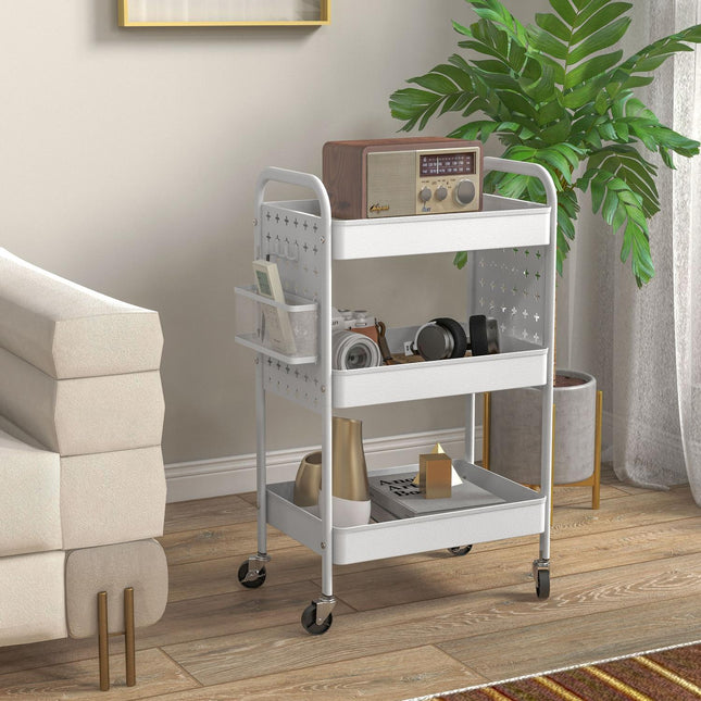 Rolling kitchen trolley - 3 tiers & 2 baskets, white steel