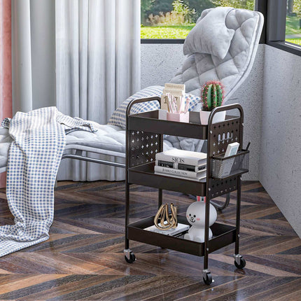 Black steel kitchen trolley, 3 floors, 2 baskets
