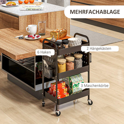 Black steel kitchen trolley, 3 floors, 2 baskets