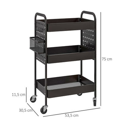 Black steel kitchen trolley, 3 floors, 2 baskets