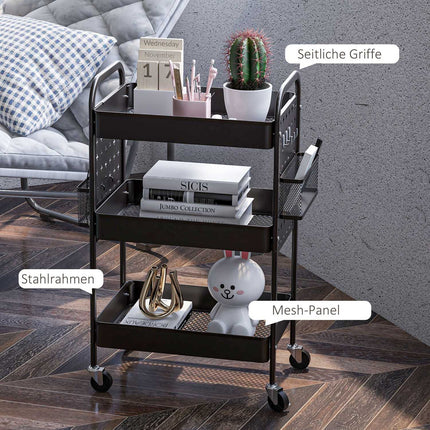 Black steel kitchen trolley, 3 floors, 2 baskets