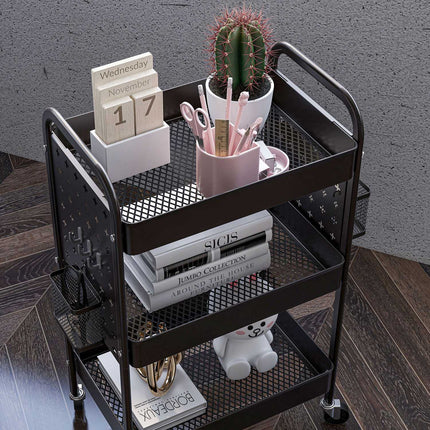 Black steel kitchen trolley, 3 floors, 2 baskets