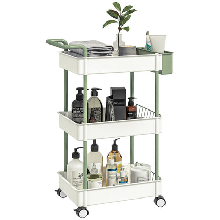 3-story rolling kitchen trolley with basket, steel – white