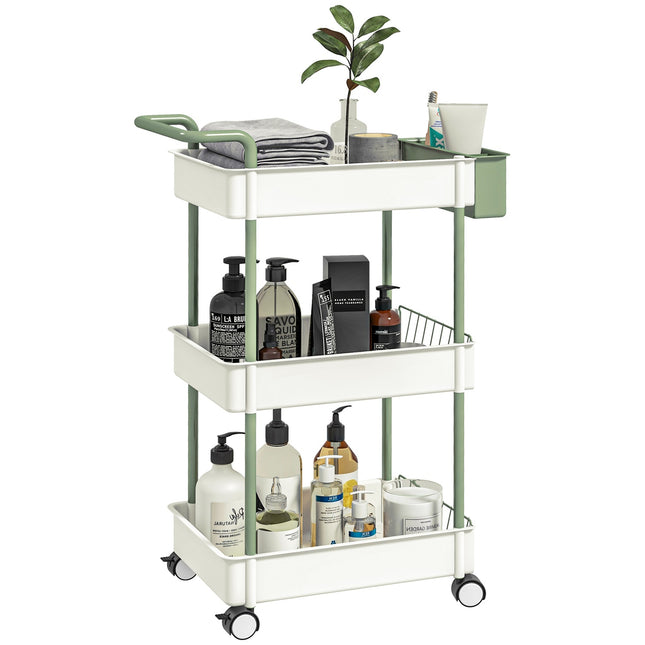 3-story rolling kitchen trolley with basket, steel – white