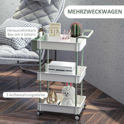 3-story rolling kitchen trolley with basket, steel – white