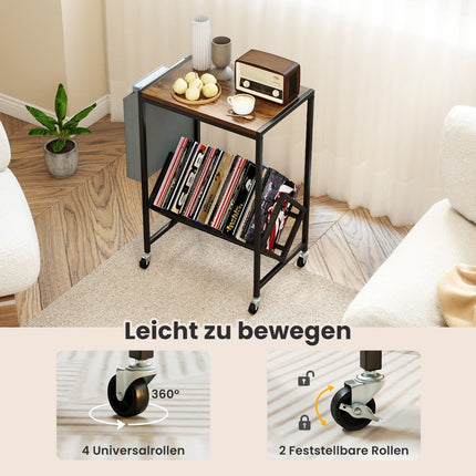 Rolling Turntable Stand with Vinyl Storage, Rustic Brown