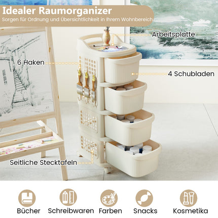 Rolling Utility Cart with 4 Drawers & Pegboard Hooks