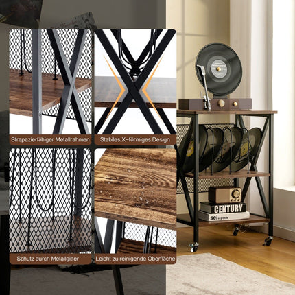 Rolling Vinyl Record Stand, 3 Shelves, 52x45x75 cm, Brown