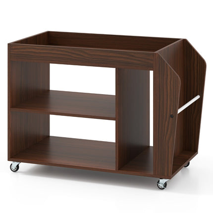 Rolling Walnut Side Table with 3 Tiers and Storage Shelves