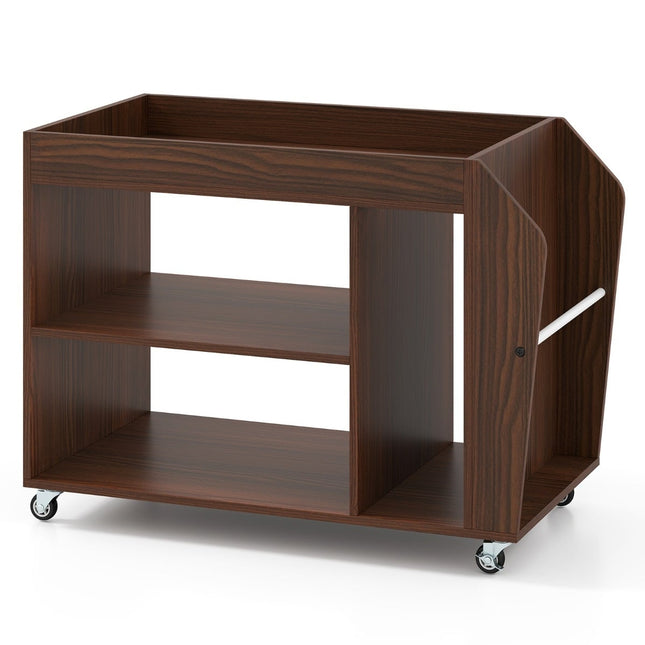 Rolling Walnut Side Table with 3 Tiers and Storage Shelves