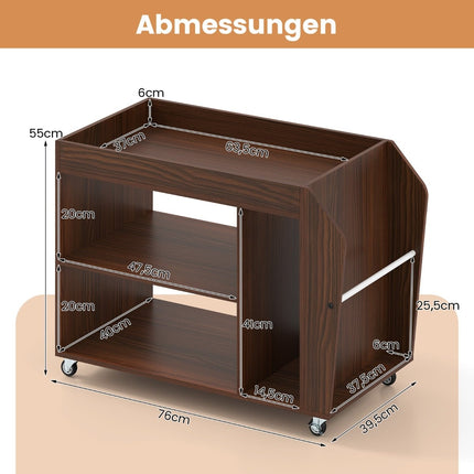 Rolling Walnut Side Table with 3 Tiers and Storage Shelves