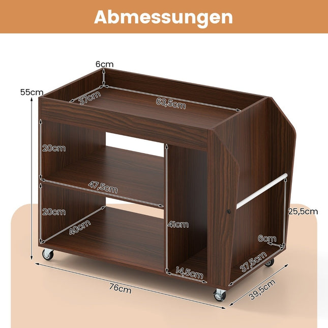 Rolling Walnut Side Table with 3 Tiers and Storage Shelves