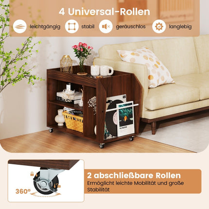 Rolling Walnut Side Table with 3 Tiers and Storage Shelves