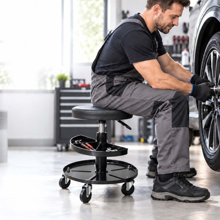 Rolling Workshop Stool with 2-Tier Tool Storage, 42–56 cm, Max 120 kg, Black