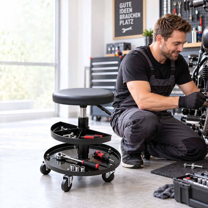 Rolling Workshop Stool with 2-Tier Tool Storage, 42–56 cm, Max 120 kg, Black