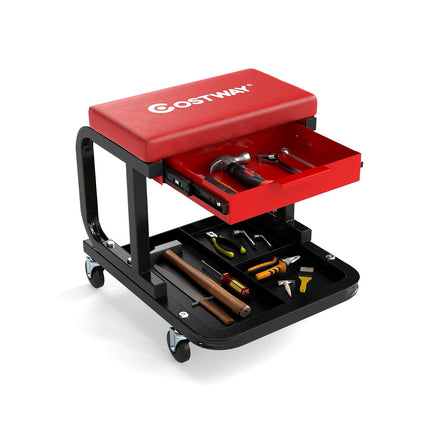 Rolling Workshop Stool with Drawer, 185kg Capacity, Red