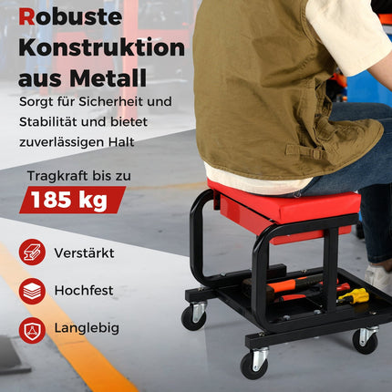 Rolling Workshop Stool with Drawer, 185kg Capacity, Red