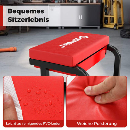 Rolling Workshop Stool with Drawer, 185kg Capacity, Red