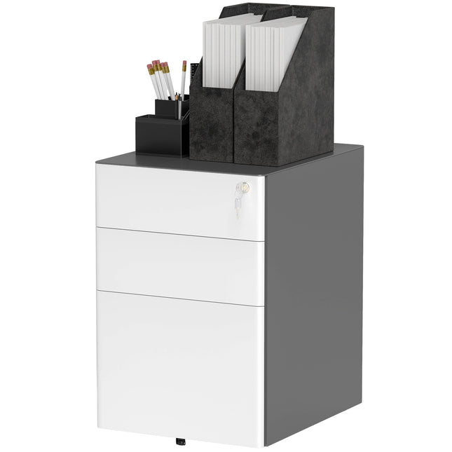 Lockable rolling filing cabinet, 3 drawers, steel, white/grey