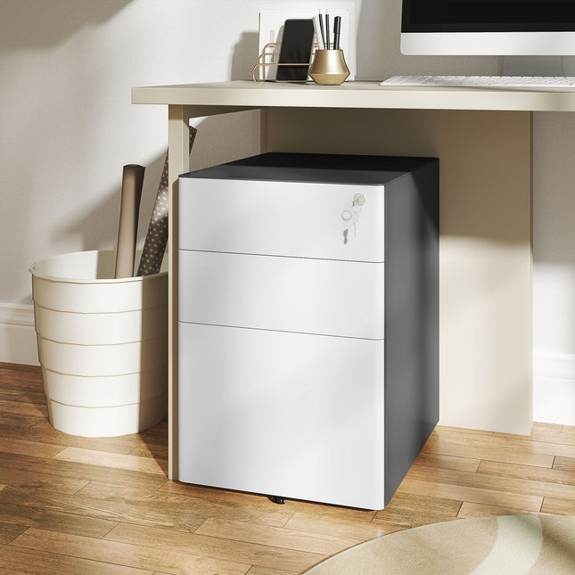 Lockable rolling filing cabinet, 3 drawers, steel, white/grey