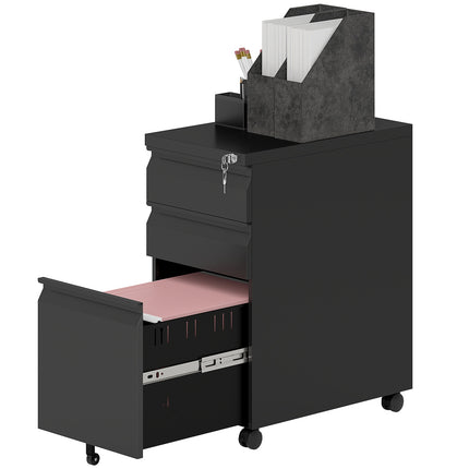 Mobile Lockable File Cabinet - 3 Drawers, Pen Compartment, Black