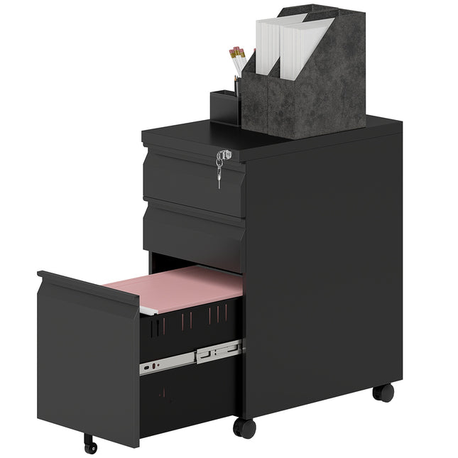 Mobile Lockable File Cabinet - 3 Drawers, Pen Compartment, Black