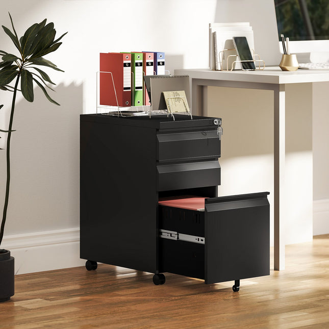 Mobile Lockable File Cabinet - 3 Drawers, Pen Compartment, Black