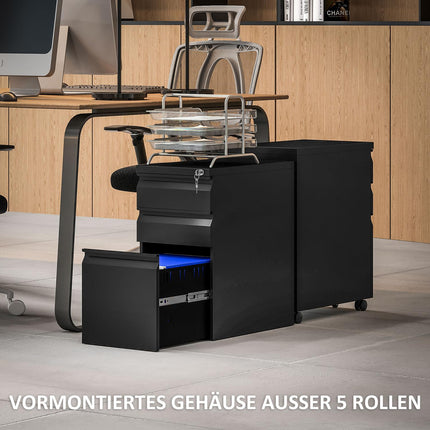 Mobile Lockable File Cabinet - 3 Drawers, Pen Compartment, Black