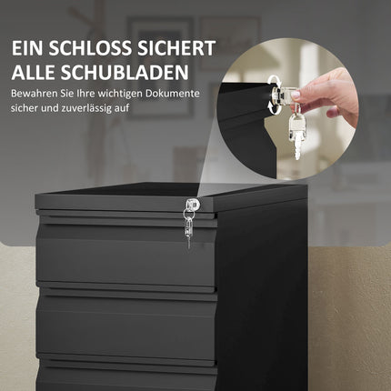 Mobile Lockable File Cabinet - 3 Drawers, Pen Compartment, Black