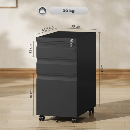 Mobile Lockable File Cabinet - 3 Drawers, Pen Compartment, Black