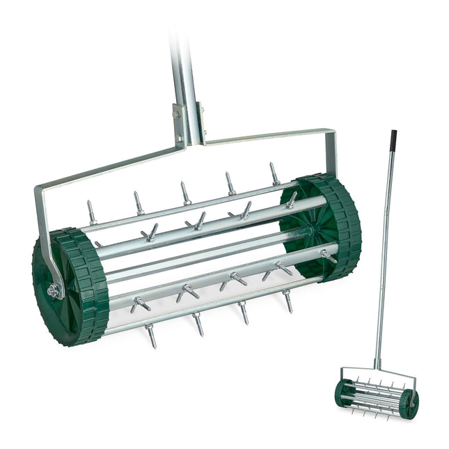 Rolling lawn aerator with handle