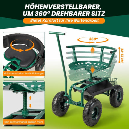 Rolling seat with wheels, 360° rotatable, height-adjustable, mobile garden seat, 90 x 59 x 106 cm, green