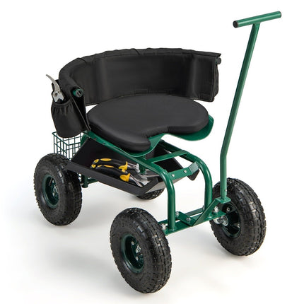 Rolling seat with wheels, 360° rotatable, height-adjustable, mobile garden seat, 90 x 59 x 106 cm, green